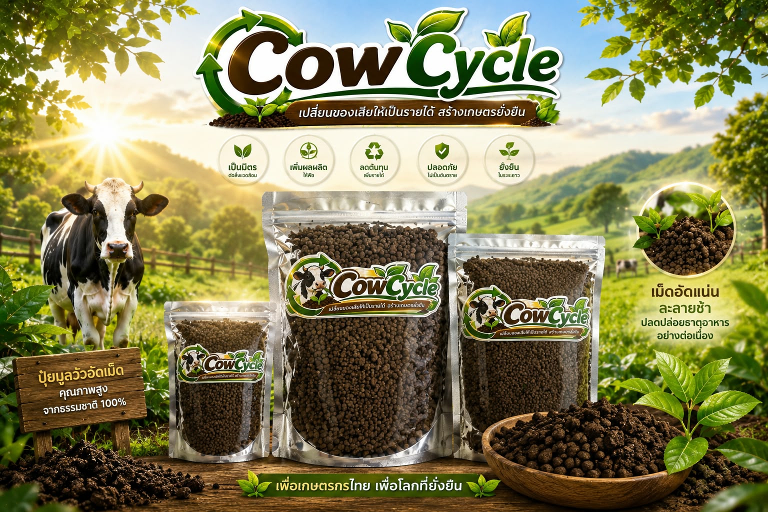 CowCycle ผลิตภัณฑ์บำรุงดินที่ใช้ มูลวัวเป็นวัตถุดิบหลัก ผ่านการเตรียมและแปรรูปเป็นเม็ดอัด