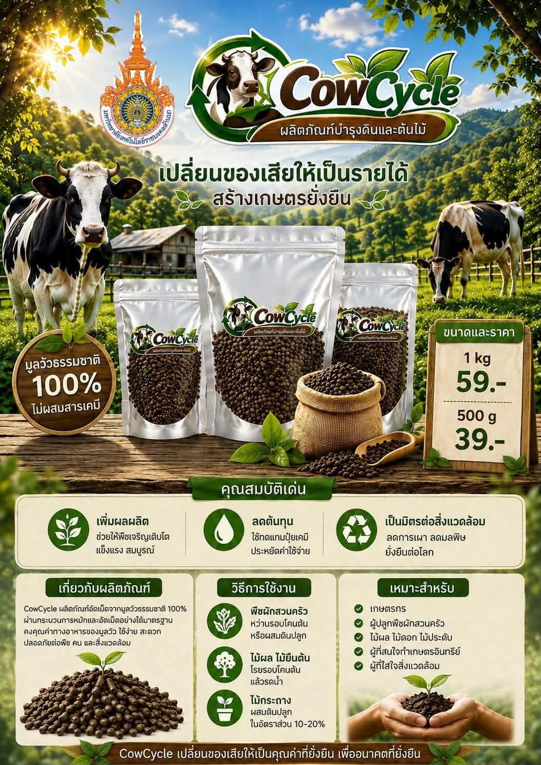 CowCycle ผลิตภัณฑ์บำรุงดินที่ใช้ มูลวัวเป็นวัตถุดิบหลัก ผ่านการเตรียมและแปรรูปเป็นเม็ดอัด